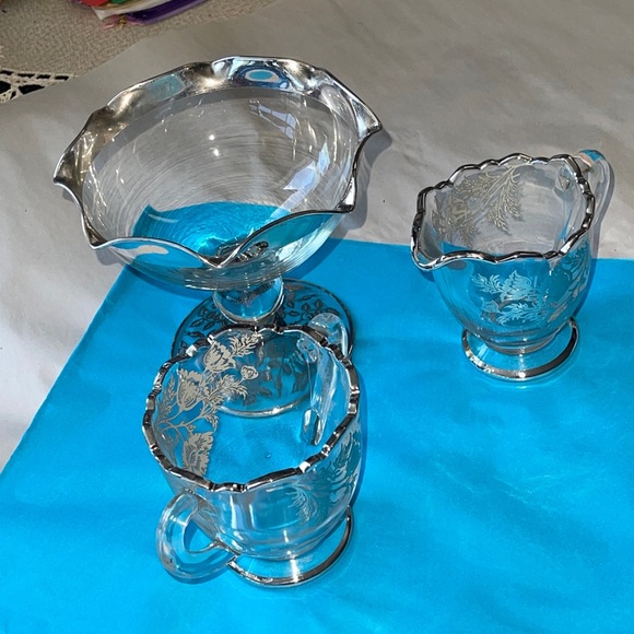 VTG Glass Sugar Bowl Footed with Etched With Silver Trim And Flowers, set of 3 - Picture 5 of 6